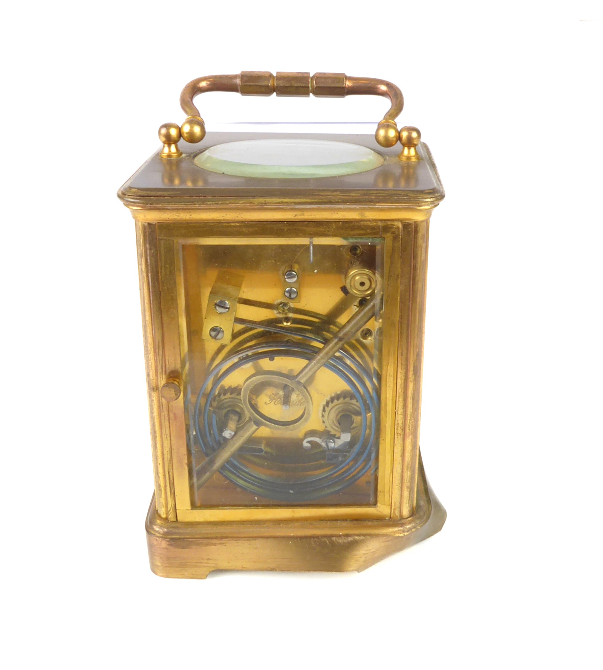 A large brass and bevelled glass carriage clock, marked R&G (18 cm high (handle up). Condition - - Image 3 of 6