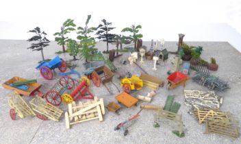 A collection of vintage lead farm animals, figures and accessories by Britains, Johillco, Taylor &