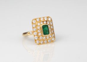 An 18ct yellow gold, emerald and diamond mid-century style ring - French eagle's head hallmark,