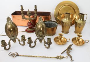 A collection of copper and brass ware - including a pair of Art Deco style brass two handled vases