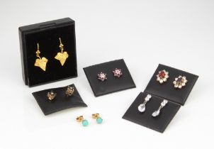 Six pairs of 9ct gold earrings - including a pair of white gold, ruby and diamond floral cluster