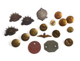 Military WW2 Second World War dog tags, cap badges and buttons - including a pair of dog tags for J.