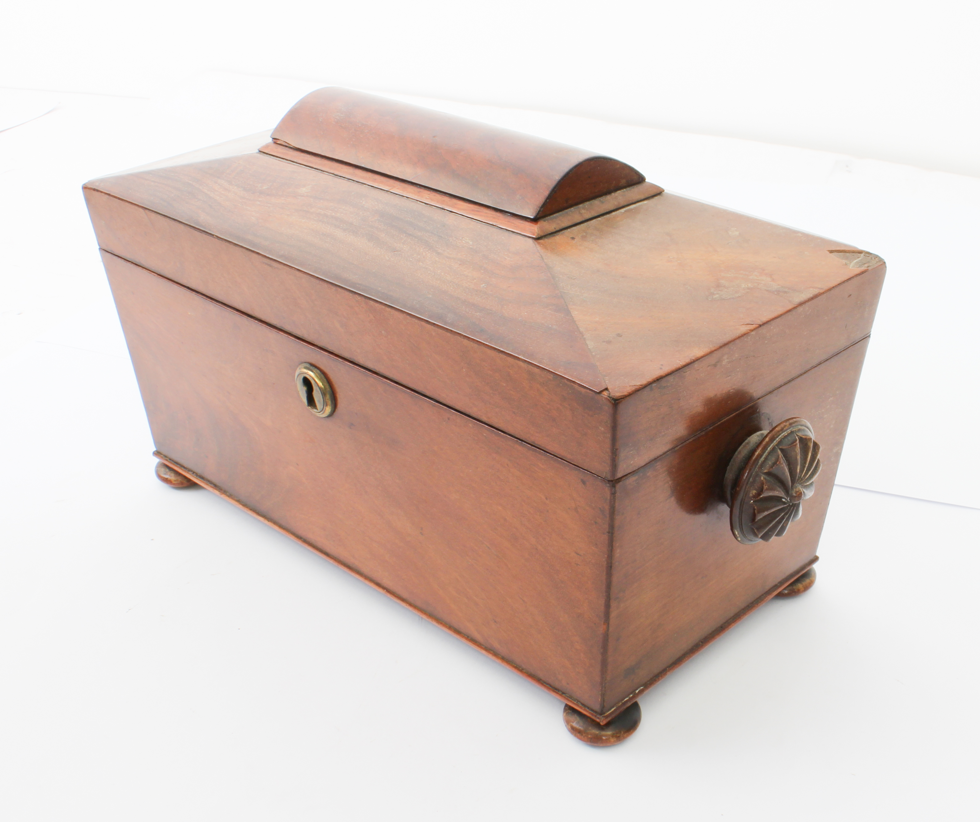 A mid-19th century mahogany sarcophagus tea caddy - with fan carved handles and turned bun feet, the - Image 4 of 9