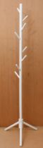 A modern white painted coat and hat stand - with short, asymmetrically arranged pegs and tripod