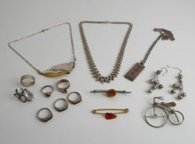 A collection of vintage and retro jewellery, 1960s-80s - mostly silver, including seven rings; a