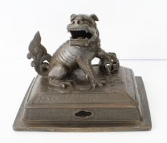 A late 18th to early 19th century Chinese bronze censer cover -  the finial as a male Foo dog with