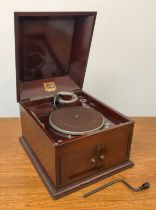 A vintage HMV Model 103 mahogany cased table gramophone, with winding handle