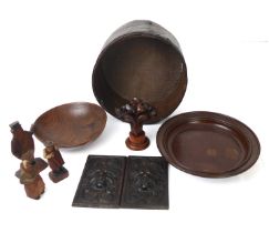 Nine pieces of treen: a turned wooden platter (29 cm diam.) and a bowl  (22.5 cm diam.), three