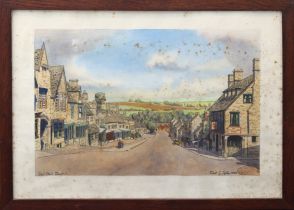 Robert G. Upton (fl.1940s-50s) 'High Street, Burford', the Cotswolds watercolour with pen and ink,