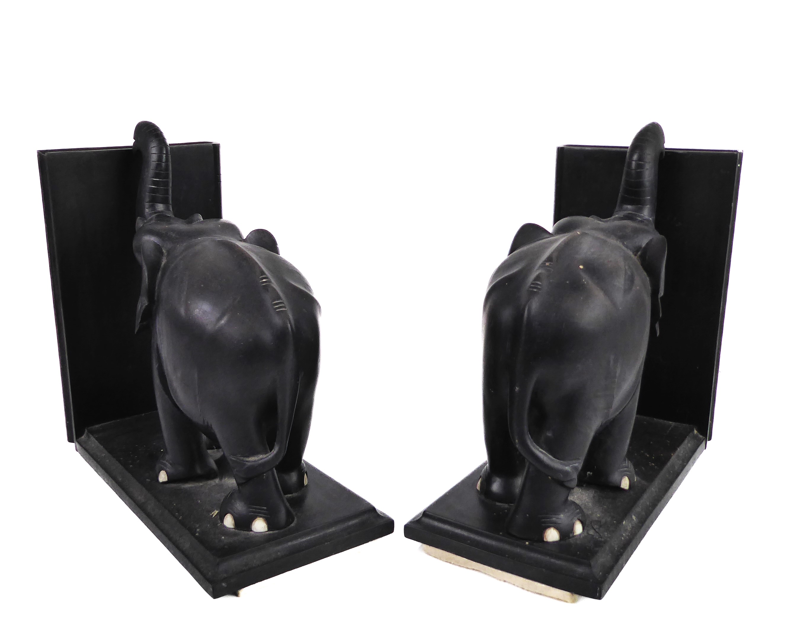 A large pair of carved ebony elephant book ends - mid-20th century, 23.5cm. high. - Image 2 of 2