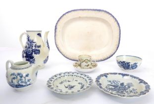 Five pieces of 1st period Worcester porcelain, a hand decorated cup and saucer and a large meat