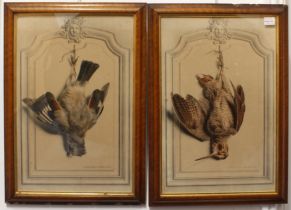after Edouard Travies (French, 1809-1869) A pair of trompe l’oeil studies of game birds coloured