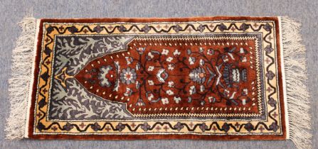 A small Persian style silk prayer mat - probably Chinese, late 20th century, with a floral vase