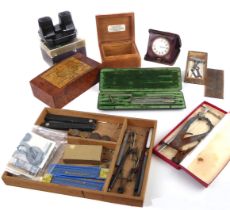 A tray of collectables - including a burr amboyna cigarette box with facsimile map of Middlesex to