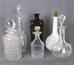 Five antique decanters - including a cut glass cylindrical decanter with hobnail cut decoration