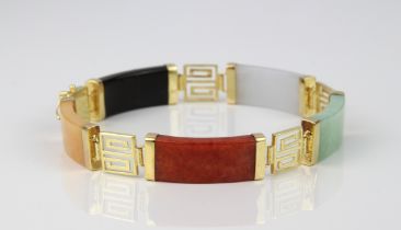 A Chinese 14ct yellow gold and jade bracelet - Hong Kong and Birmingham 2001 hallmarks, with five