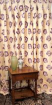 A pair of curtains and a single curtain in a cream woven fabric background with woven purple