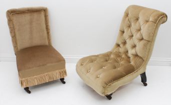 A late-Victorian button-back slipper chair - in pale green velour, raised on turned ebonised front