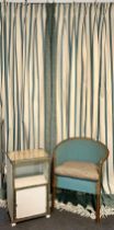 Two pairs of duck-egg blue and cream stripe curtains: wide contrast border on leading edge and to