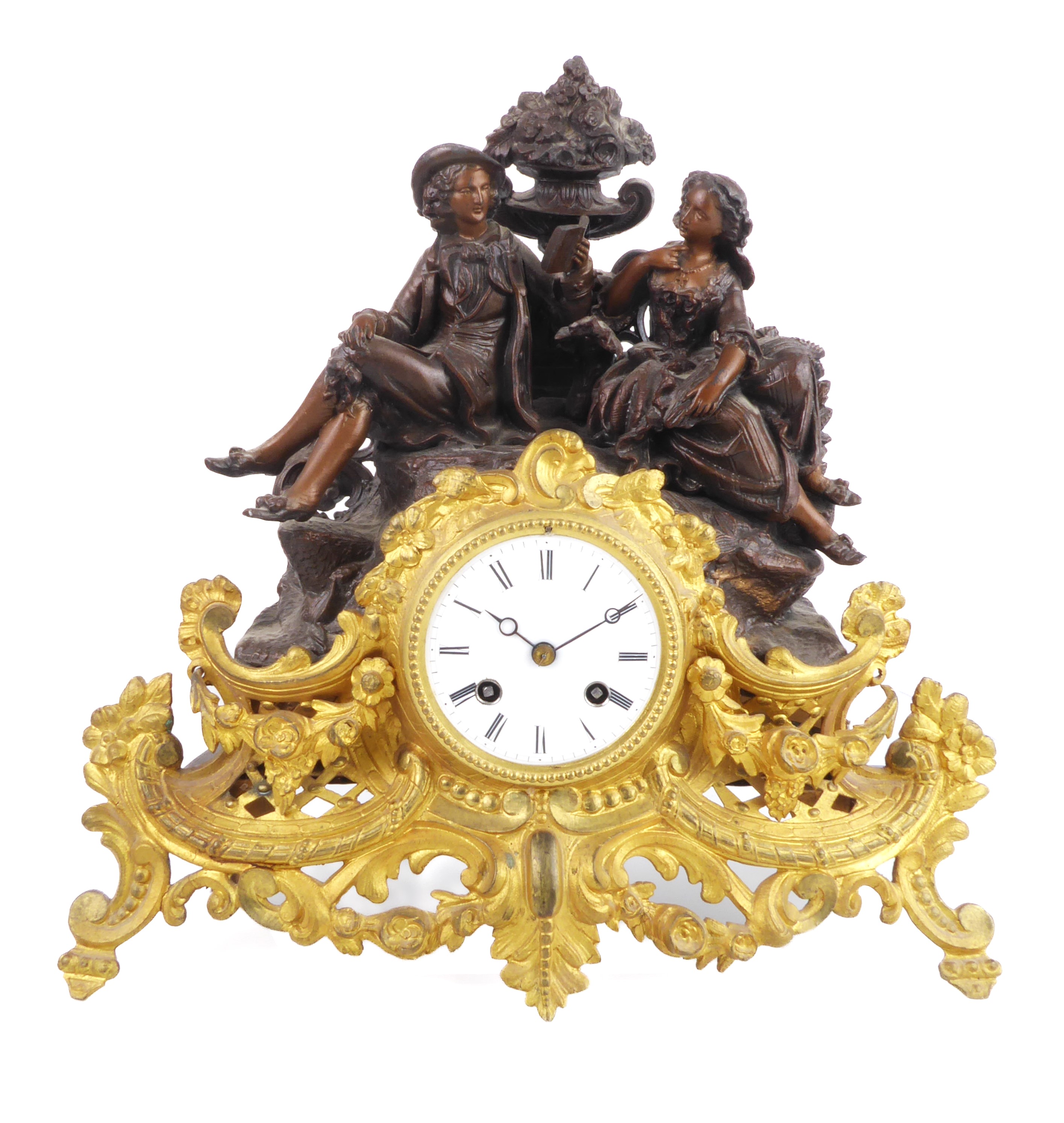 A French gilt and bronzed metal mantel clock - early 20th century, with half-hour outside countwheel