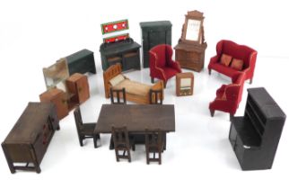 A small collection of vintage mid-century dolls house furniture - 1920s-40s, including a 1920s