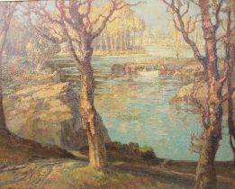 John Wilson ARA Picnic on the river Oil on board (72 x 93 cm) Gilt frame (85 x 106 cm) D. & M.