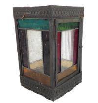 An Arts & Crafts style stained glass hall lantern - square form with gilt pressed metal frame, 27.