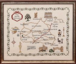A 19th century style needlework sampler of 'The North Cotswolds' - with a map with a number of