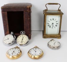 A circa 1900 carriage clock in its fitted case, together with five gentleman's pocket watches for