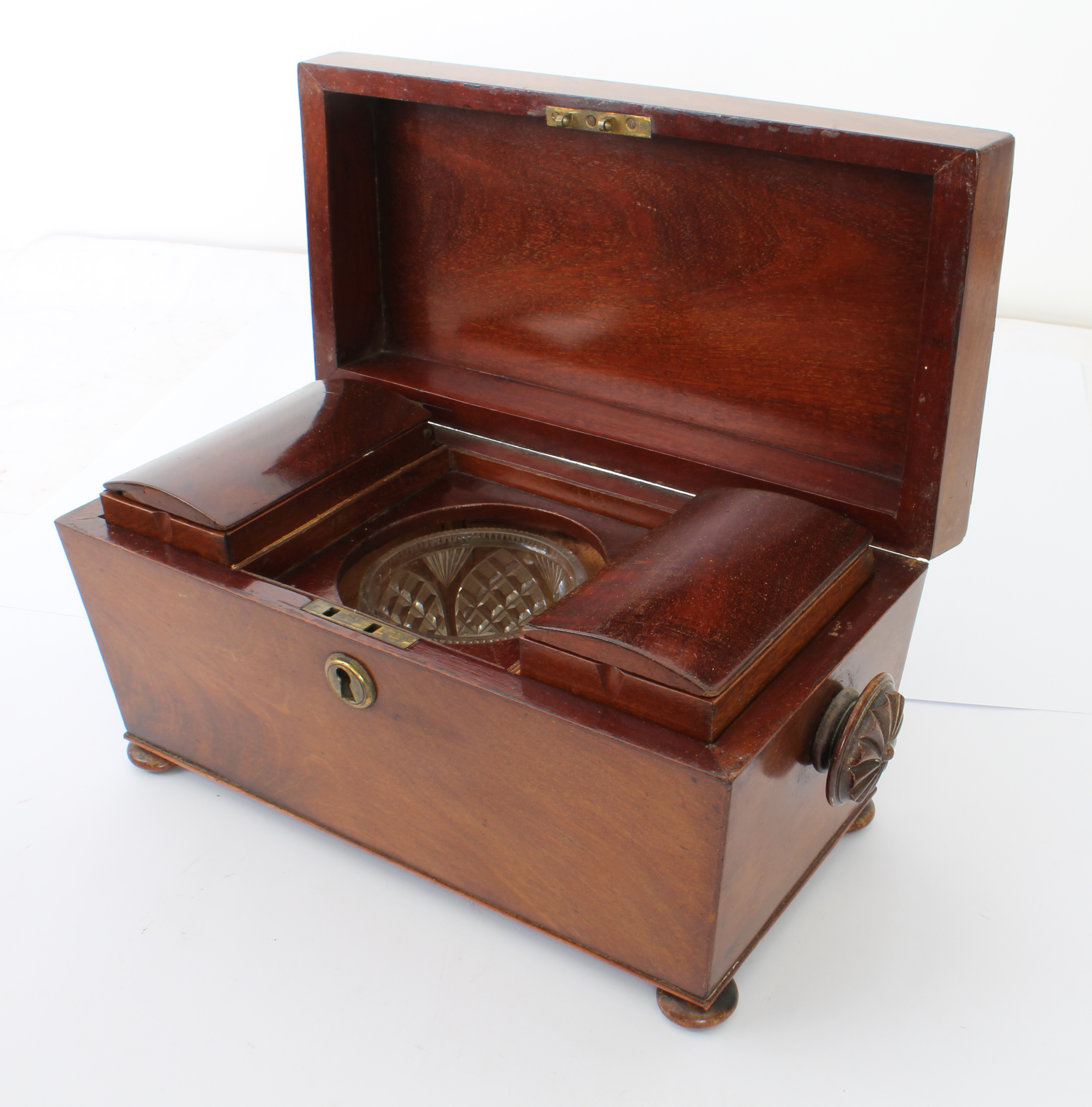 A mid-19th century mahogany sarcophagus tea caddy - with fan carved handles and turned bun feet, the - Image 5 of 9
