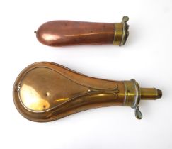 Two 19th century copper and brass powder flasks - one of teardrop form by Hawksley of Sheffield,