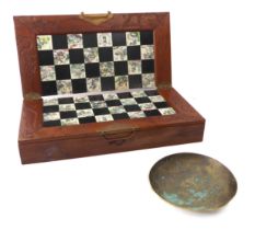 A Chinese carved wooden folding chess board and set - late 20th century, the board with ebony and