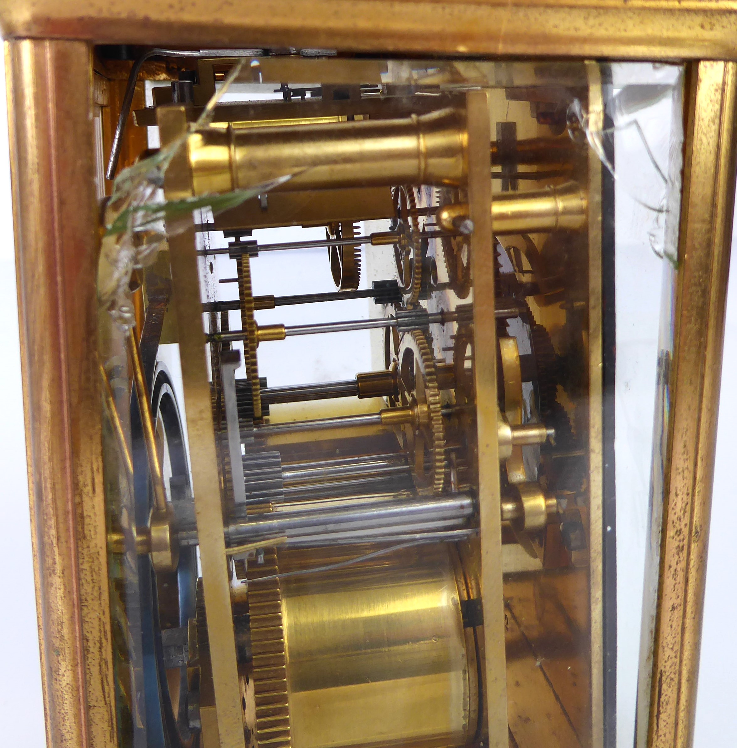 A large brass and bevelled glass carriage clock, marked R&G (18 cm high (handle up). Condition - - Image 6 of 6