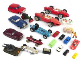 A collection of vintage 1950s-60s plastic model cars and vehicles - including a red Hong Kong