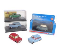 Five diecast Austin Mini models - comprising two 1960s Corgi Toys Minis - a red 225 Austin Seven