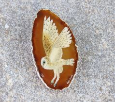 A hand painted silver and agate Barn Owl brooch by Jan Smith - signed and dated 1991, the