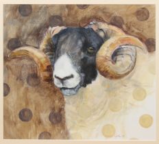 British School (contemporary) Portrait of a ram watercolour and bodycolour, signed with initials '