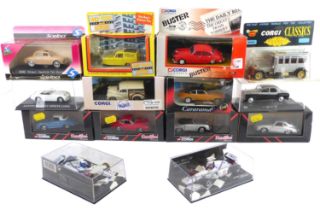 Fourteen boxed diecast toy / model cars - mostly 1/43 scale, 1990s-2000s, including four Corgi