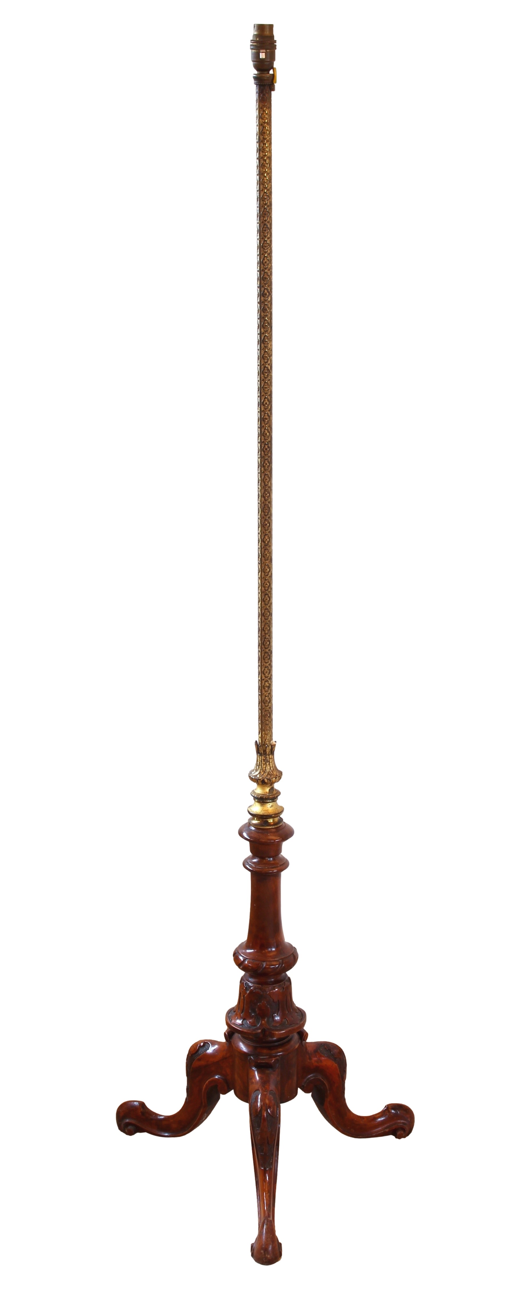 A gilt brass and turned walnut standard lamp - converted from a pole screen in the mid-20th century,