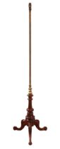 A gilt brass and turned walnut standard lamp - converted from a pole screen in the mid-20th century,
