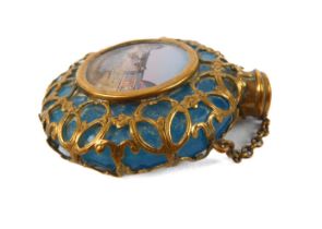 A 19th century blue-glass and gilt-metal moon flask scent bottle - with chatelaine chain and inset