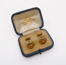 A cased pair of late-Victorian 18ct gold, turquoise and seed pearl cufflinks - stamped '18',