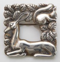 Arno Malinowski for George Jensen designed silver brooch of deer and squirrel design. Marked