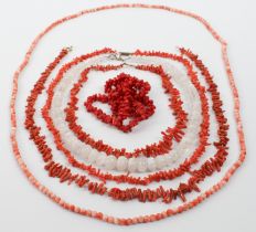 A small collection of vintage coral and moonstone necklaces - comprising a graduated moonstone