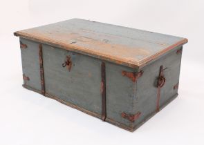 A Swedish iron bound, painted pine chest - 19th century, painted light blue, the moulded lid