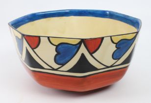 A Clarice Cliff 'Double V' octagonal bowl - painted with blue, brown and pale yellow stylised leaves