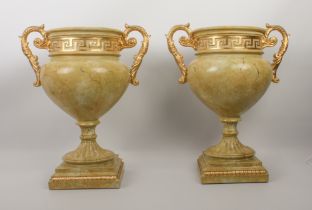 A pair of classical-style urns - modern, moulded resin, painted to imitate marble, the ovoid urns