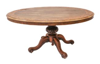 A good quality mid-19th century rosewood, kingwood and marquetry oval tilt-top breakfast table -