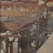 T* J* E* 'Boatbuilders Morocco' oil on canvas titled on stretcher, monogrammed 20 x 20 in (51 x 51