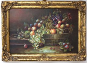 Continental School (second half 20th century) Still life of a basket of fruit and gourds oil on